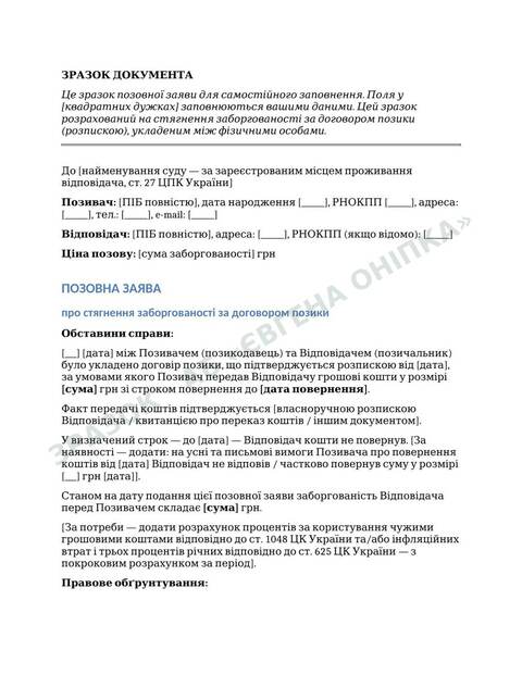 Приклад сторінки шаблону: Позов про стягнення боргу за розпискою